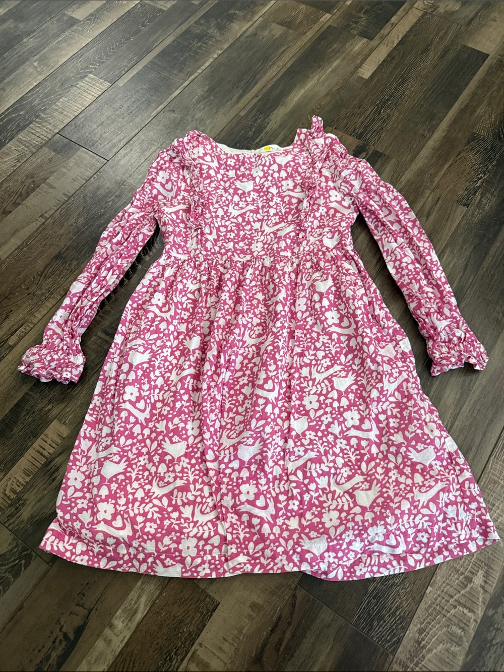 Mini Boden Pink and White Floral-Print Long Sleeve Dress size 9-10
